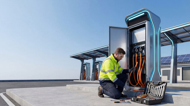 Electric vehicle charging station maintenance worker safety jacket repairing charging cables with tools concrete platform