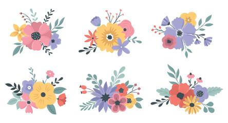 Fototapeta premium Collection of flower bouquets. Hand drawn floral elements. Vector illustration isolated on a white background