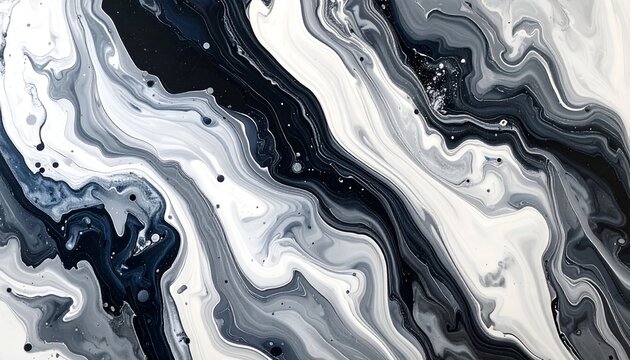 Abstract fluid art, swirling dark blue, gray, and white paint. Rippled pattern