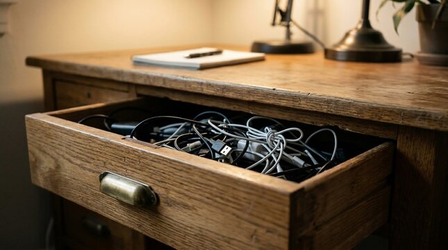 Open wooden desk drawer filled with a tangled mess of electronic charging cables and cords.