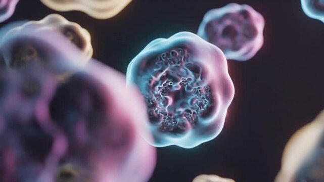 Microscopic view of organic cells dividing or bacteria floating in liquid, medical 3d render of microbiology, immune system, virus, or cancer cell research