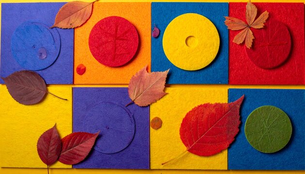 Colorful squares with circles and autumnal leaves create a vibrant, abstract composition