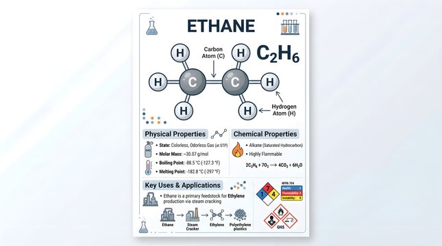 Ethane (C₂H₆) Summary Poster: Molecular Structure, Key Physical and Chemical Properties, Combustion Behavior, Industrial Uses, Safety Hazards and Application Icons for Quick Reference in Classrooms an