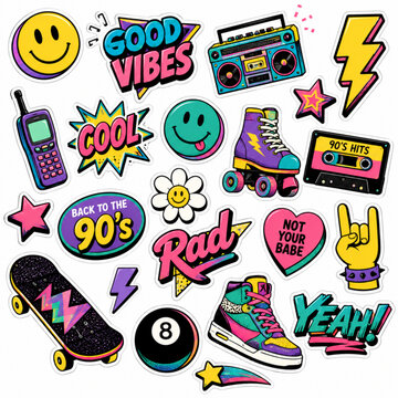 Vibrant 90s themed stickers with nostalgic elements like smiley faces cassette tapes and skateboards on white background