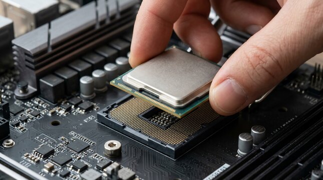 Technician installing a computer processor into the motherboard socket.