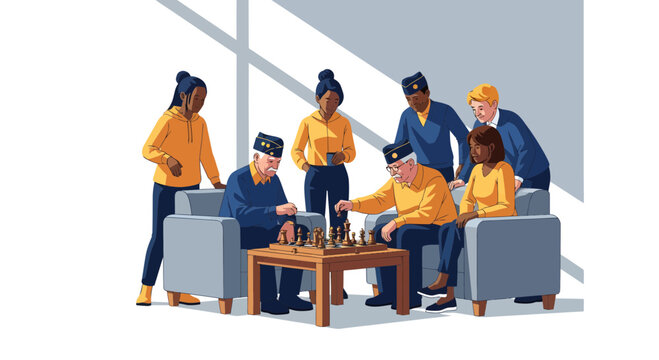 Diverse group of people playing chess together indoors.