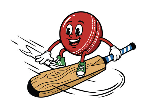 Vintage Style Cricket Ball Character Mascot Riding on a Wooden Cricket Bat for Sports Promotions and Kids Apparel Design