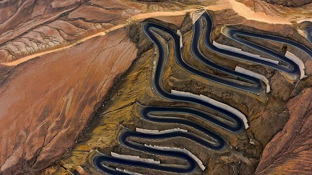 Aerial view of the winding road of the Panlong Ancient Road in Vacha township, Tashkurgan Pamir Plateau, Kashgar region, Xinjiang, China