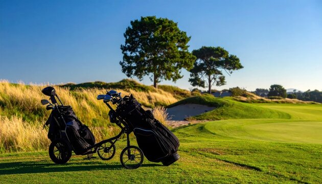 Two black golf bags filled with clubs resting on push carts on a beautiful sunny golf course with green fairways golden rough and clear blue sky.