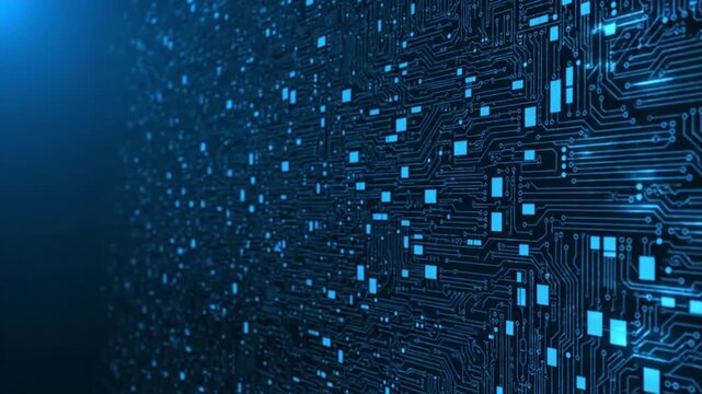 glowing blue printed circuit board track lines and microelectronics components background closeup
