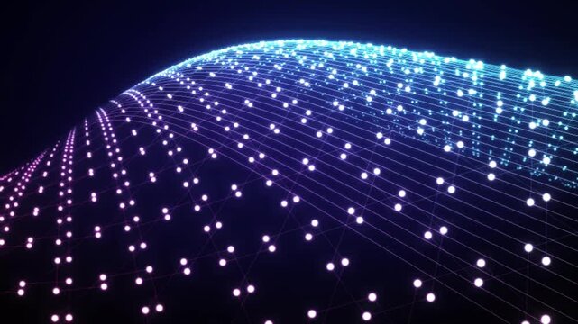 A mesmerizing 4K seamless motion loop showcasing an interactive tech grid terrain of glowing hexagons. Vibrant pink and cyan color gradients flow diagonally as parallel quantum waves undulate.