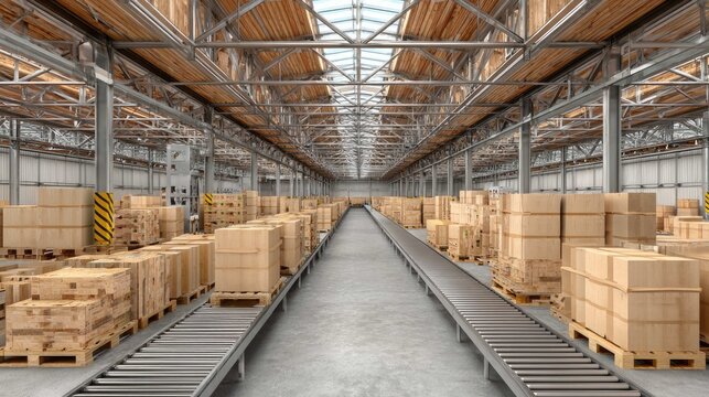 Spacious Warehouse Interior with Shelves of Cardboard Boxes and Conveyor Belts for Efficient Logistics Management