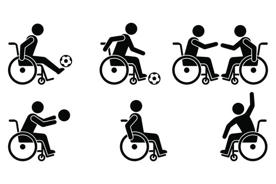 Wheelchair disabled people adaptive sports soccer athlete black silhouette icon set vector illustration isolated on white background