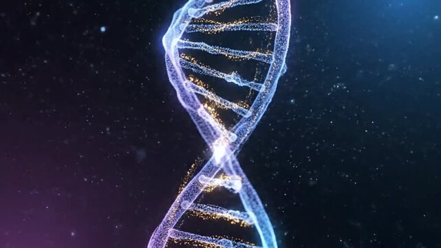Medical science concept showing abstract glowing blue and white DNA double helix structure rotating and generating genetic data codes background
