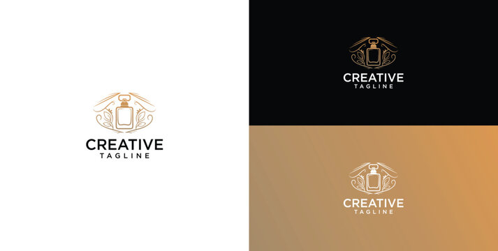 Elegant abstract golden line art logo design featuring a stylized luxury bottle with decorative frame, embodying sophistication and premium branding for creative businesses
