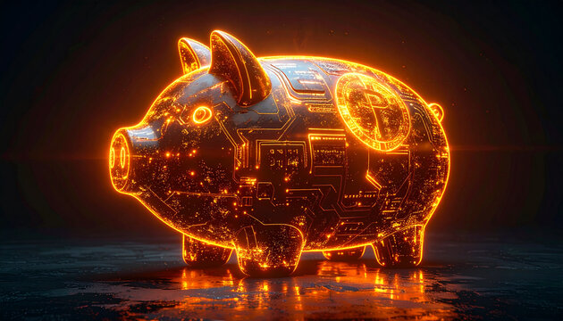 Futuristic robotic piggy bank with neon lights and circuits