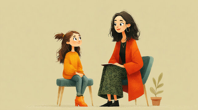 Child listening attentively to a mindfulness story told by a therapist in a child-friendly clinic room, a curious and engaged tone, cartoon style