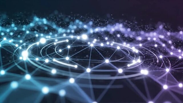 Abstract futuristic plexus network with connecting dots and lines forming a circular digital interface for artificial intelligence and cyber security technology concept