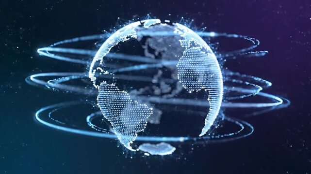 Futuristic digital earth globe rotating with glowing blue data networks and global communication lines representing internet connectivity and worldwide business technology background