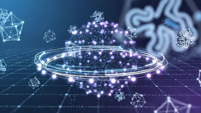 Abstract digital data network sphere with particles orbiting in a futuristic glowing ring structure backdrop