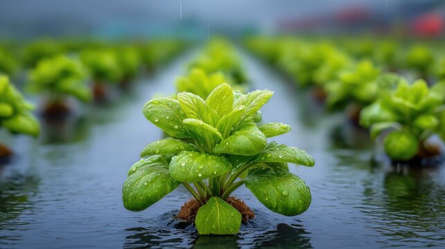 Fresh Green Lettuce Plants Growing in Water with Raindrops on Leaves in a Vibrant Vegetable Farm Landscape