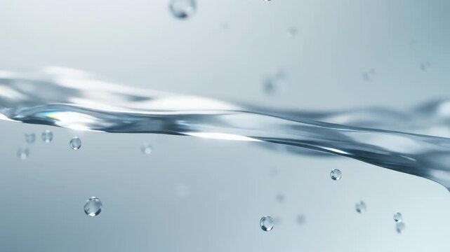 A close up of flowing water forming a smooth ribbon with suspended droplets catching light; a serene, crystalline wave glides through cool blue tones, revealing translucent texture and liquid motion