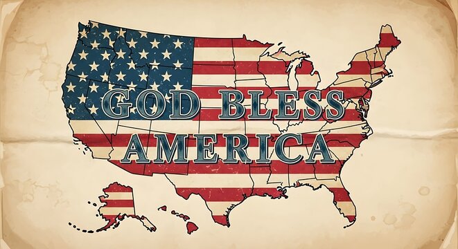 United states map with american flag pattern and god bless america text