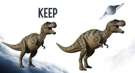Two Tyrannosaurus Rex dinosaurs with a Saturn planet in the sky. © prasetyo