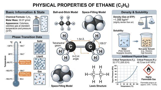 Physical Properties of Ethane (C₂H₆): Basic Information, Ball‑and‑Stick and Space‑Filling Models, Phase Transition Data, Density and Solubility Behavior, Critical Conditions and Safety Hazards Present