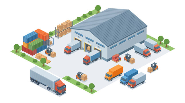 Isometric illustration of a busy warehouse with trucks and forklifts for logistics and delivery operations.