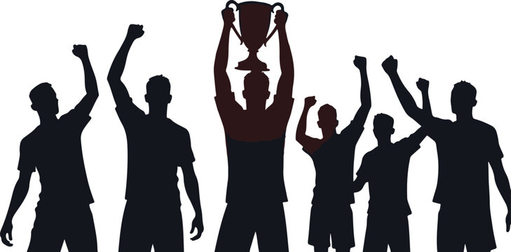 Team Celebrating Victory with Trophy Silhouette celebration