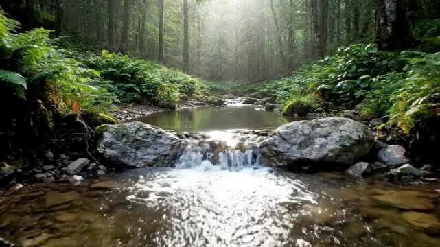 Scenic forest stream flowing through a lush green valley with misty fog and soft morning sunlight breaking through the trees