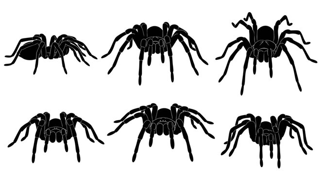 Set of six black tarantula spider silhouettes on white background