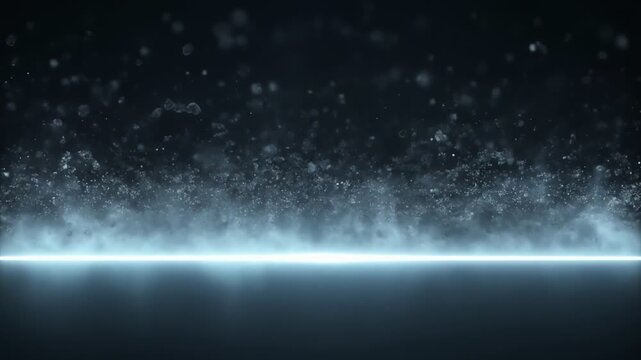 A dark, gradient scene with a bright, horizontal line of light near the lower third, casting a cool glow. Floating specks drift above like distant stars in a misty atmosphere. Quietly suspended high