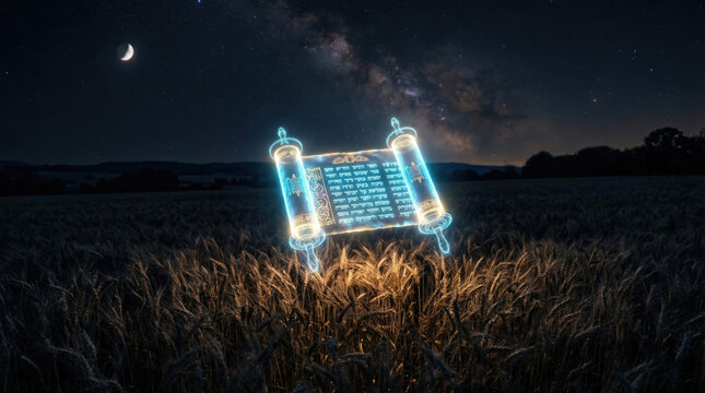 Glowing Neon Blue Hologram Of A Hebrew Scroll Floating Above A Dark Wheat Field Under Starry Sky