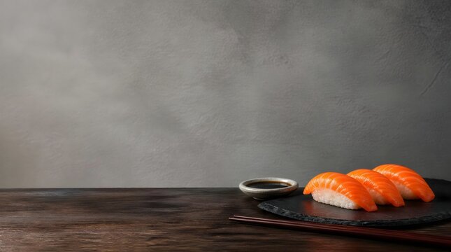 Three pieces of fresh salmon nigiri sushi served on a black slate plate with a small ceramic bowl of soy sauce and chopsticks on a dark wooden table.