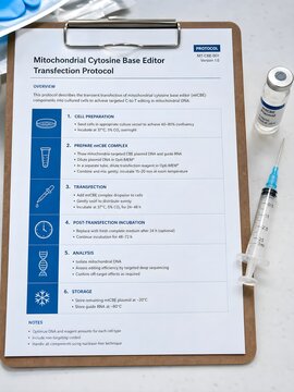 Clipboard showing mitochondrial cytosine base editor transfection protocol next to a plasmid vial and syringe