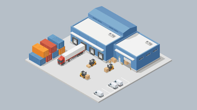 Isometric illustration of a modern logistics center with trucks, forklifts, and shipping containers, depicting efficient supply chain operations.