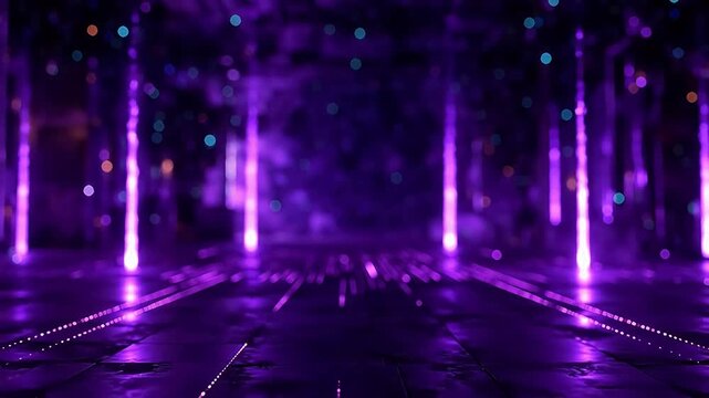 Vibrant Purple Neon Lights Illuminate a Futuristic Digital Corridor, Reflecting an Abstract Cybernetic Path Leading into the Unknown