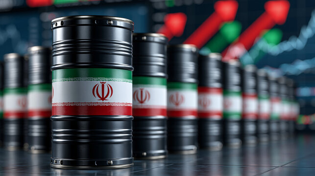 Iranian Oil Barrels on Display: A line of black oil barrels, each emblazoned with the flag of Iran, stands ready for transport or sale, set against a backdrop of fluctuating stock market charts.
