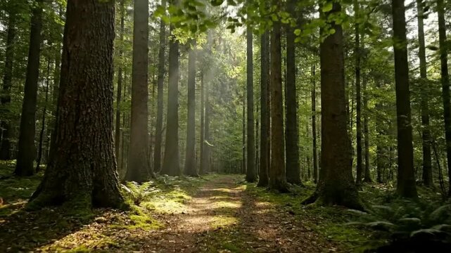 Peaceful dirt path winding through a tall pine forest with strong sunbeams breaking through the trees during early morning walk in nature