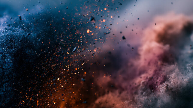 Explosive Dust Cloud: A dramatic explosion of colored dust in mid-air, creating a vibrant and energetic abstract composition with particles scattered across a dark background.