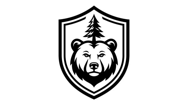 Bold bear and pine tree shield emblem representing strength, wilderness, and natural spirit