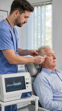 Doctor performing high speed back aperture interferometry on senior male patient in clinic