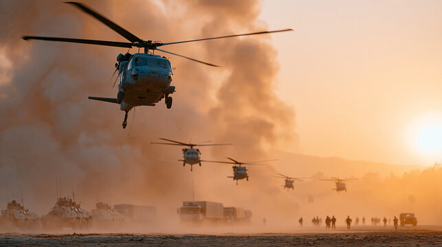 Military Helicopters in Formation: A squadron of military helicopters flies in formation over a dusty landscape during a sunset, with troops and vehicles below.