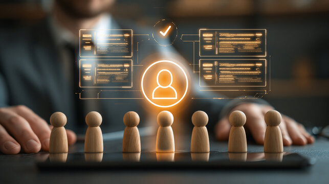 Human Resources Selection: A businessman's hands rest on a desk, overlooking a digital interface displaying a flowchart and glowing profile icons above a row of wooden peg figures.