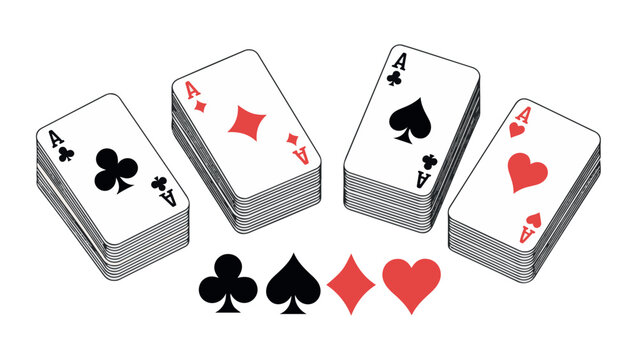 Stacks of ace playing cards with different suits and card symbols on white background.