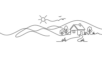 Minimalist continuous line art of a countryside house and hills. © Sho