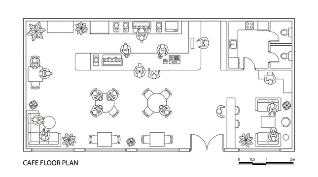 Top view blueprint of cafe floor plan with furniture and barista and customer icons, perfect for architectural design, restaurant interior planning and space layout presentation