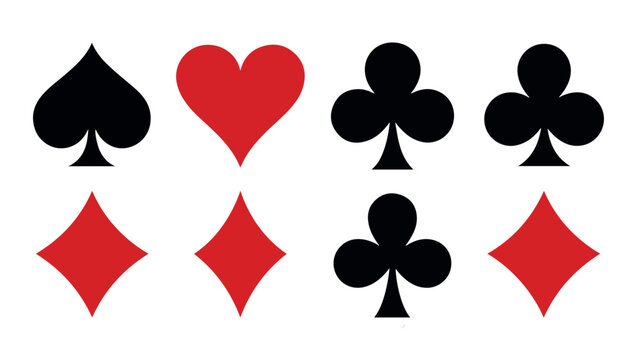Minimalist playing card suit symbols set in black and red showing spades hearts clubs and diamond shapes.